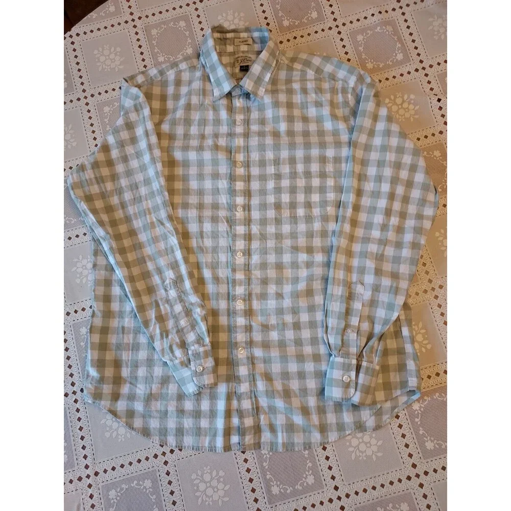 J. Crew Button Down Shirt Men's Large Green Check Pocket Casual Long Sleeve